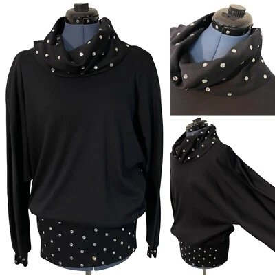 Винтажный женщин 80-х черный со стразами капот шеи эластичный пояс летучая мышь рукав Топ M - Изображение 1 из 4