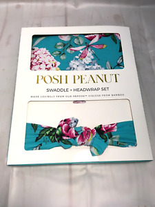 Posh Peanut Baby Swaddle And Head wrap Set Blue Blanket Dragonfly Floral NEW