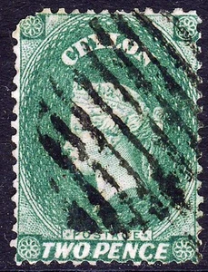 CEYLON QV 1863 Two Pence Emerald Wmk Crown CC REVERSED Perf. 12½ SG 50e VFU - Picture 1 of 2