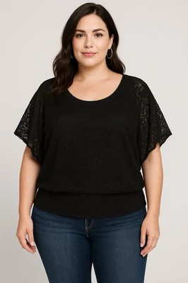 Cato Women’s 18/20W Black Metallic Lace Overlay Blouse Plus Size Short Sleeve - Image 1 of 4