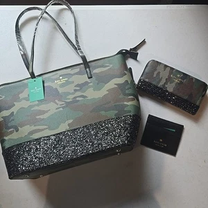 Kate Spade New York Camouflage Tote Bag Purse Wrislet Wallet Lot NWT - Picture 1 of 11