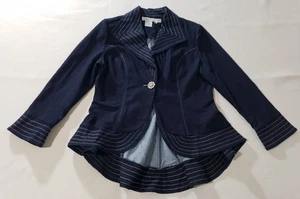 Devine Sport NY Hi Low Denim Jacket Blazer Size 10 Blue Stretch Shoulder Pads * - Picture 1 of 5