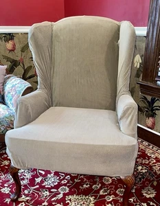 Paar Ohrensessel Stretch Schonbezüge hellbraun Cord gestreift sehr guter Zustand - Bild 1 von 11