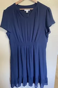 Christopher & Banks Drop Waist Dress XL Elastic Short Sleeve Lined Navy Blue - Picture 1 of 8