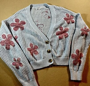 Arizona Jean Co Sweater Women's Size M Oversized Open Cardigan Blue Pink Flowers - Picture 1 of 10