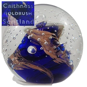Caithness Art Glass Gold Rush Blue Paperweight Scotland Controlled Bubbles 3" - Picture 1 of 12