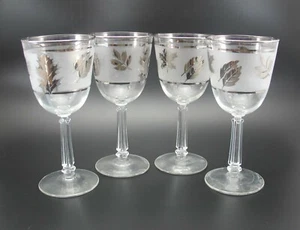 Libbey WATER GOBLET Set 4 Vintage Frosted Glass Silver Leaves Retro 7  1/4" tall - Picture 1 of 9