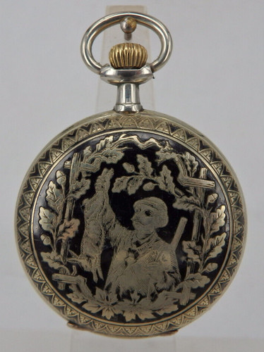 Savonnette Herrentaschenuhr Urania Watch Co Jagdmotive in Emaille 1890 (76451)