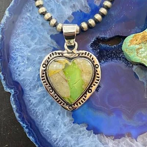Native American Sterling Silver Boulder Ribbon Turquoise Heart Pendant For Women - Picture 1 of 10