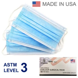Disposable Medical Surgical Ear-Loop Face Masks ASTM Level 3 50pcs Made in USA - Picture 1 of 4