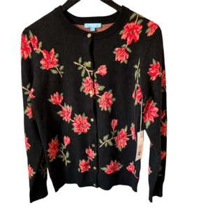Cardigan maglione Draper James donna piccolo nero floreale misto rayon giardino nuovo con etichette - Foto 1 di 9