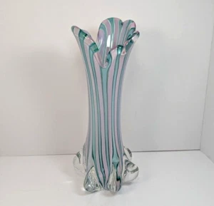 Swung Vase Striped Pastel Pink Green 12.75" Heavy Art Glass Vibrant Color - Picture 1 of 20