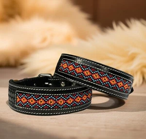 Western Leather Beaded Handmade Pet Dog Collar Heavy Duty Hand Tooled Adjustable - Picture 1 of 8