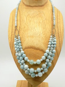 Sterling Silver Blue Aquamarine Beaded Necklace Bib Triple Strand Chunky Signed - Picture 1 of 6