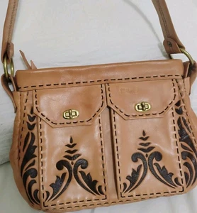 Vintage Tooled Leather Purse Shoulder Bag Brown Embossed Western Design  - Picture 1 of 23