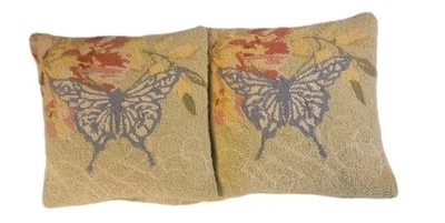 Vtg Wool Hooked Throw Pillows Butterfly Velvet Back Zip Inserts 15" Sq Set of 2 - Image 1 of 4