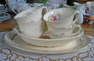 Vintage Paden City Yellow Pink Blue Flowers ~ Teacups + Serving Bowl + Platter - Picture 1 of 12