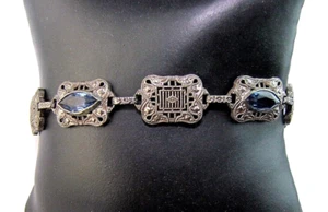 Pulsera Antigua Plata Esterlina Filigrana Elegante Azul Estrás Panel Cadena 7.5" - Imagen 1 de 5