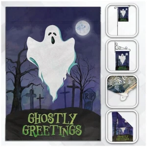 Halloween Ghostly Greetings 12x18in Garden Flag Ghost Front Yard Home Decor Flag - Picture 1 of 6