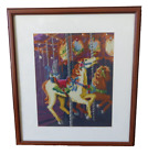Image d'art encadrée vintage à aiguille carrousel cheval joyeux tour rond 18" x 20"