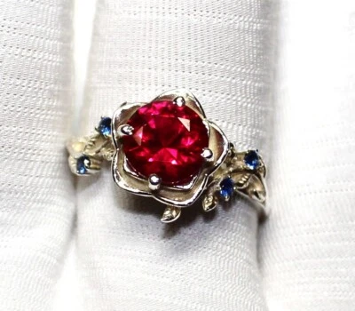Anillo de flores redondas de plata 925 con rubí rojo cultivado en laboratorio, anillo de compromiso, anillo de promesa Foto 1 de 4