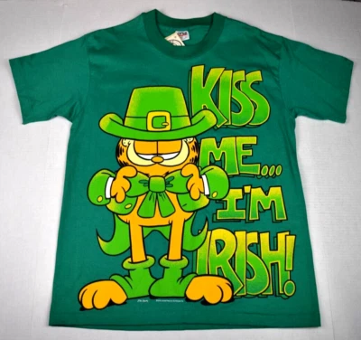 Vintage T-Shirt Anvil Size M/L 90s Garfield Kiss Me I'm Irish Anvil NWT Discolor - Image 1 of 4