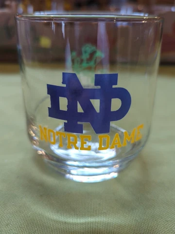 Vintage Low Ball Drinking Glass Bar Glass Notre Dame Fighting Irish 4” Tall Cover