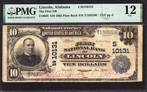 $10 1902 Plain Back The First National Bank of Lincoln, Alabama CH 10131  PMG 12 - Picture 1 of 2