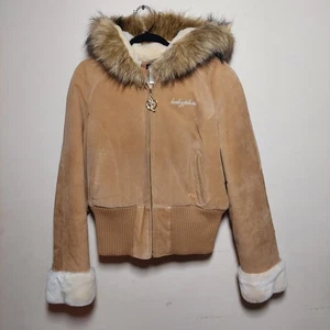 Chaqueta de gamuza tostada Y2K Baby Phat talla XXL forro de piel sintética con capucha cremallera completa se adapta a XL - Imagen 1 de 20