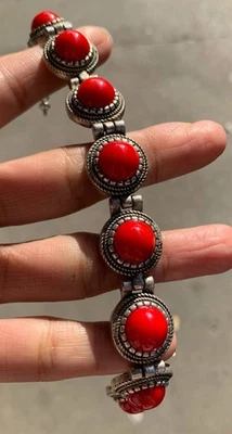 Antigua Dinastía China Incrustación de Plata Coral Joyería Clásica Pulsera Cadena Pulsera Foto 1 de 4