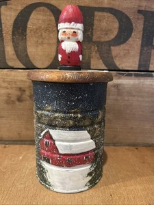 Vintage Primitive Folk Art Hand Panted Coffee Can Wood Santa Lid Snow Scene - Picture 1 of 8