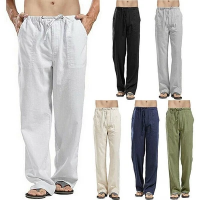 Mens Drawstring Casual Linen Baggy Pants Loose Straight Beach Long Trousers - Image 1 of 4