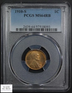 1910 S Red-Brown Lincoln Wheat Copper Cent 1C PCGS MS 64 RB - Picture 1 of 5