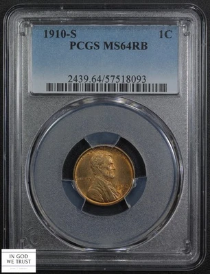 1910 S Red-Brown Lincoln Wheat Copper Cent 1C PCGS MS 64 RB - Image 1 of 4