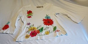 Camisa Life Style Vintage Cuello en V Flor Bordada Manga Larga Blanca XL Mujer - Imagen 1 de 7