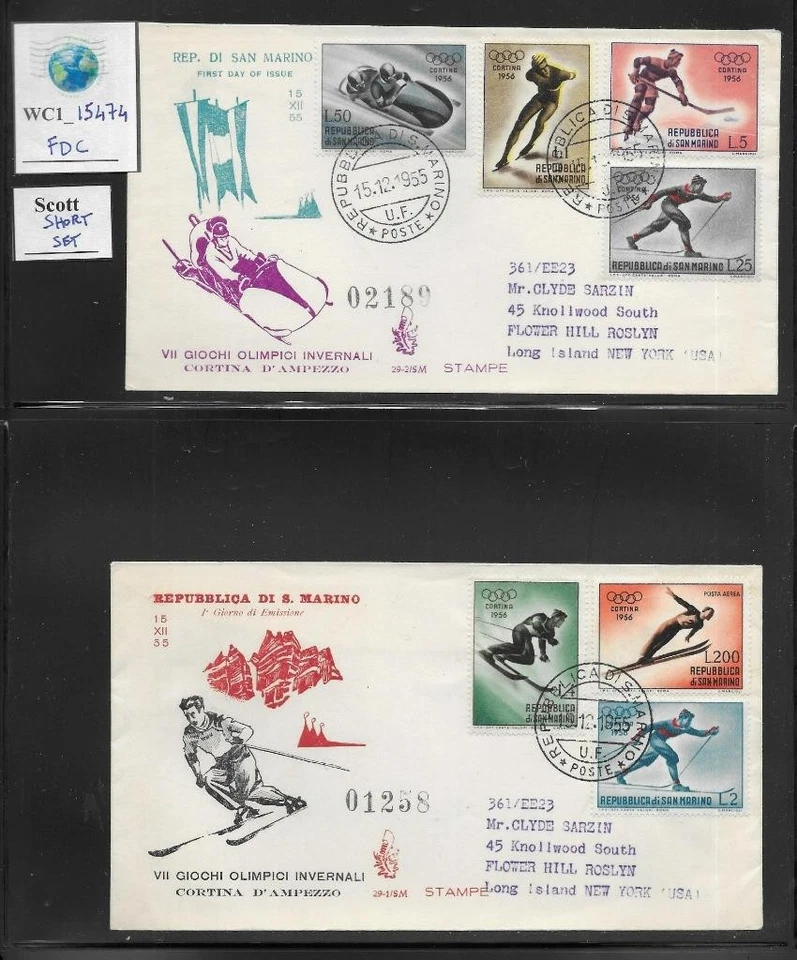 WC1_15474. SAN MARINO. 2 of 3 FDC Venetia w. 1956 WINTER OLYMPICS. Short set - Image 1 of 1