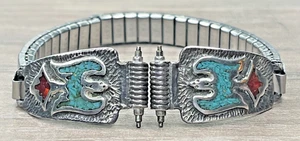 Navajo Native Sterling 925 Turquoise Coral Chip Thunderbird Watch Tips Band USA - Picture 1 of 13