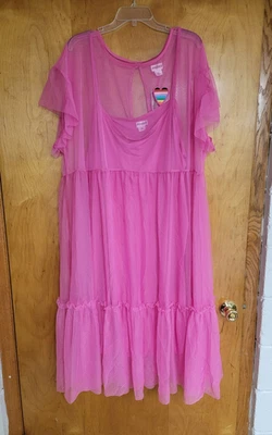 NWT~ PRIDE~ 2 Piece Set Sheer Robe Gown Lingerie Sz 3X Nylon Mesh PINK Rainbow - Image 1 of 4