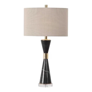 Elegant Black White Marble Table Lamp | Round Silver Tapered Tuxedo Hourglass - Picture 1 of 10