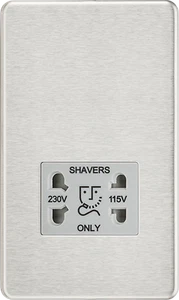 SCREWLESS 115V/230V DUAL VOLTAGE SHAVER SOCKET - BRUSHED CHROME - GREY INSERT - Picture 1 of 1