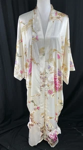 Kim + Ono Womens Satin Kimono Long Chrysanthemum & Crane White Robe OS NO BELT - Picture 1 of 13