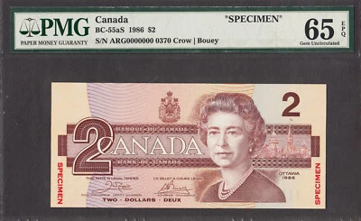 Canadá $2 ESPÉCIME 1986 QEII BC-55aS # 370 GEM UNC PMG 65 EPQ - Imagem 1 de 2