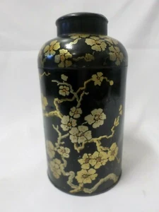 Vintage bedeckt Zinn Litho Glas Vase Urne mit Kirschblüten 8" schwarz gold  - Bild 1 von 12