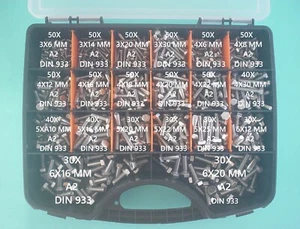 850 X SORTIMENT SECHSKANTSCHRAUBEN M3 / M4 / M5 / M6 V2A EDELSTAHL DIN 933+BOX - Bild 1 von 3