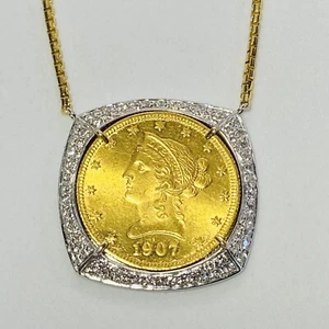 1907 $10 Coin 18K Two Tone Gold 1.40ctw Diamond Pendant 21" Necklace 36.3g - Picture 1 of 12