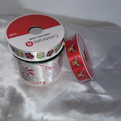 3 Rolls NEW CELEBRATE IT  SUPER CUTE SATIN HOLDIAY RIBBON PRINTED - Image 1 of 4