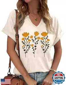 Womens Flowers V Neck Shirt Vintage Boho Floral Wildflowers Graphic Tees Casu - Picture 1 of 2