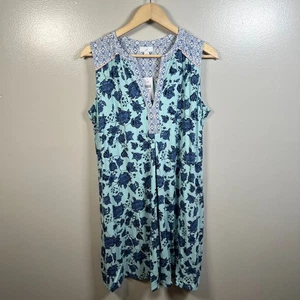 J. Jill Shift Dress Size Large Petite Blue Floral V-neck Casual Comfy Pockets - Picture 1 of 10