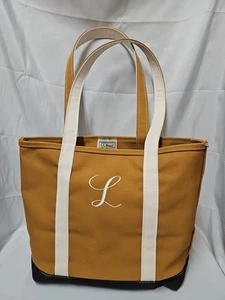 LL Bean Boat And Tote Medium Canvas Bag Gold Beige Black Open Top Monogram "L" - Picture 1 of 15