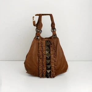 BETSEY JOHNSON Large Brown Handbag Y2K Hobo Large Studded Ruffle Purse - Picture 1 of 16